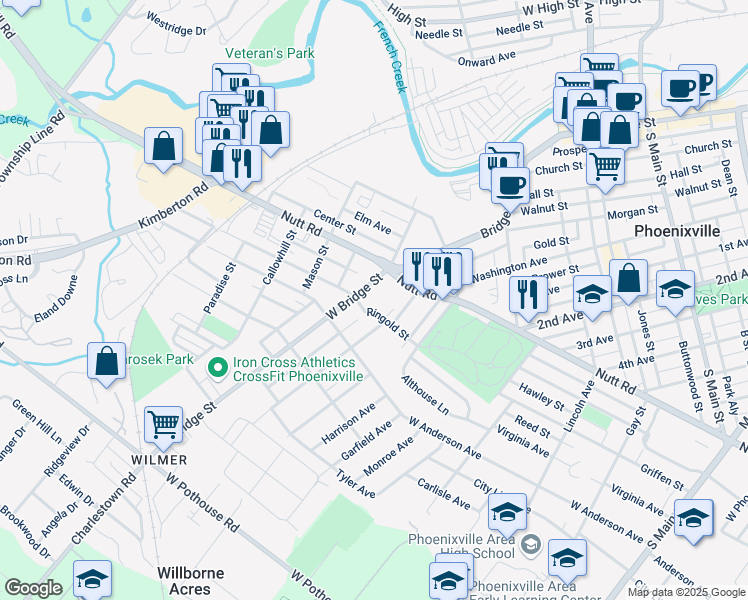 map of restaurants, bars, coffee shops, grocery stores, and more near 825 Ringold Street in Phoenixville