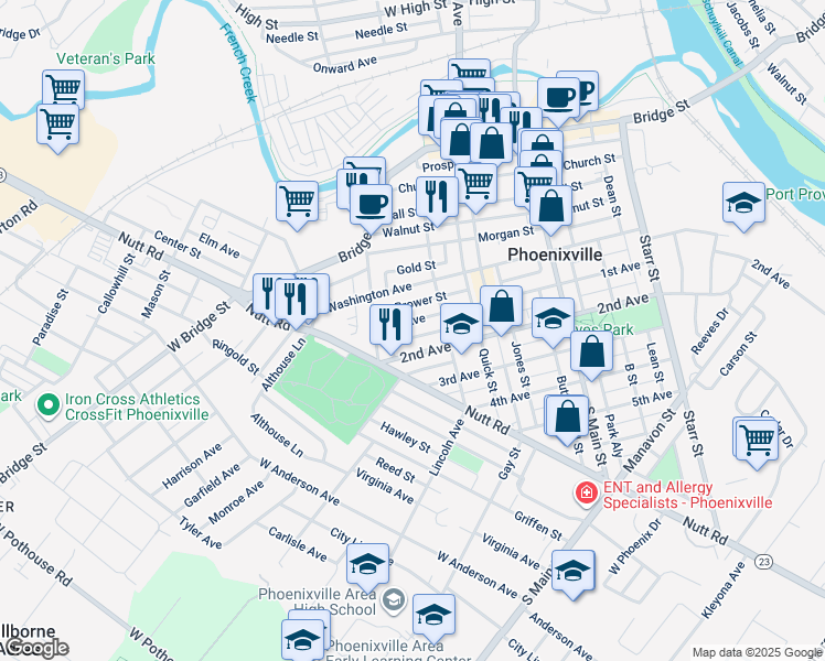 map of restaurants, bars, coffee shops, grocery stores, and more near 376 1st Avenue in Phoenixville