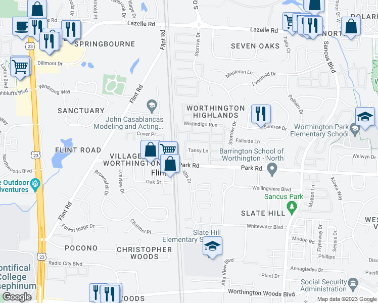 map of restaurants, bars, coffee shops, grocery stores, and more near 521 Tansy Lane in Westerville