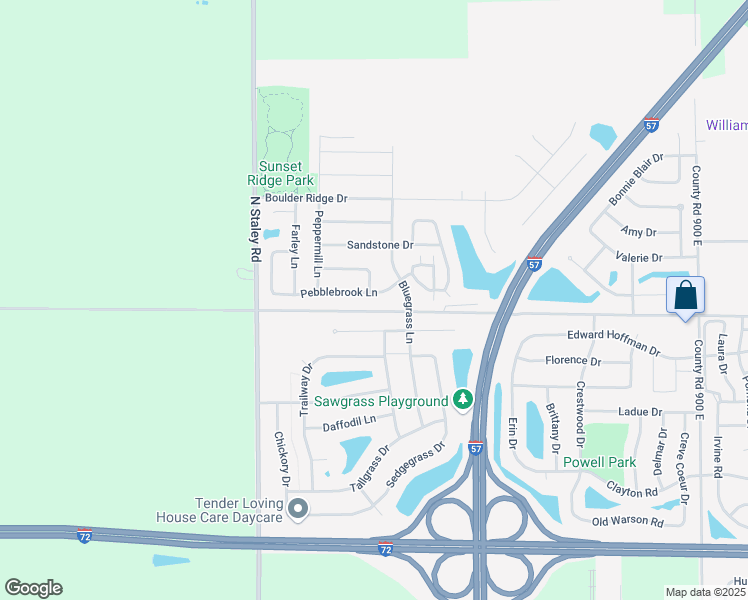 map of restaurants, bars, coffee shops, grocery stores, and more near 3811 Pebblebrook Lane in Champaign