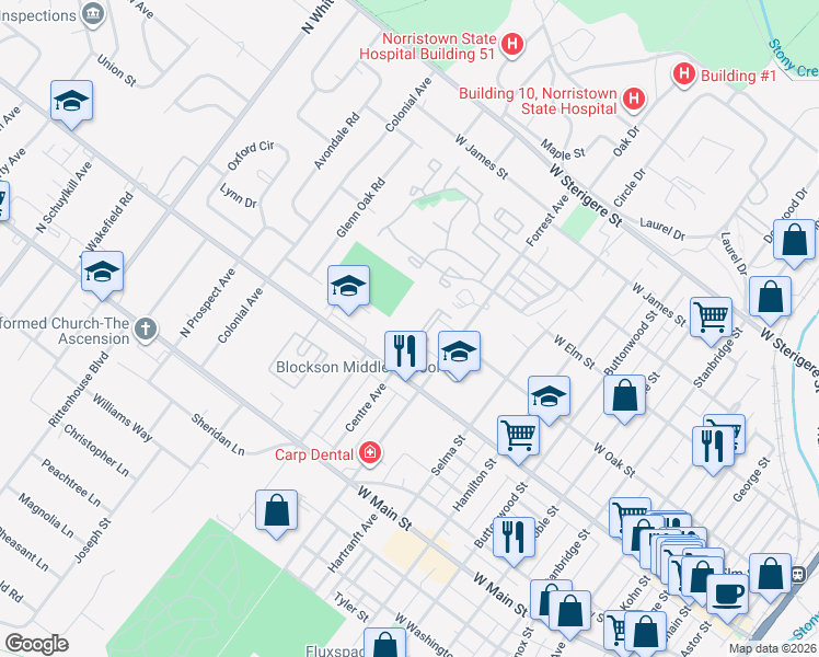 map of restaurants, bars, coffee shops, grocery stores, and more near 205 Centre Avenue in Eagleville