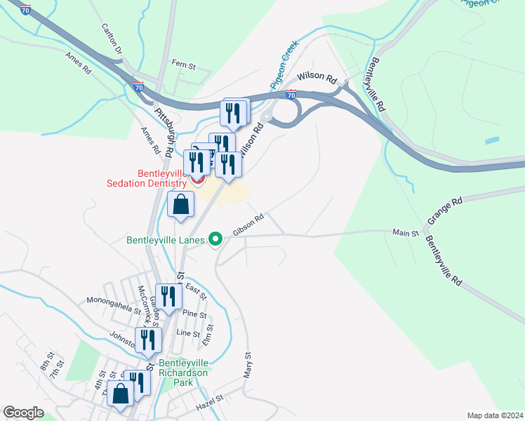 map of restaurants, bars, coffee shops, grocery stores, and more near 119 Gibson Road in Bentleyville