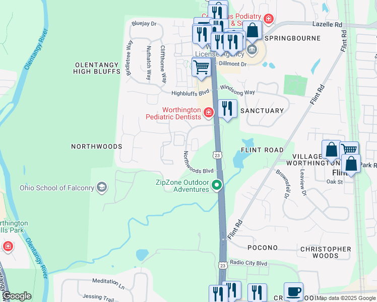 map of restaurants, bars, coffee shops, grocery stores, and more near 115 Northwoods Boulevard in Columbus