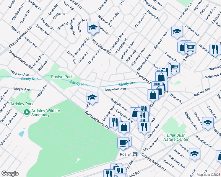 map of restaurants, bars, coffee shops, grocery stores, and more near 2551 Brookdale Avenue in Abington