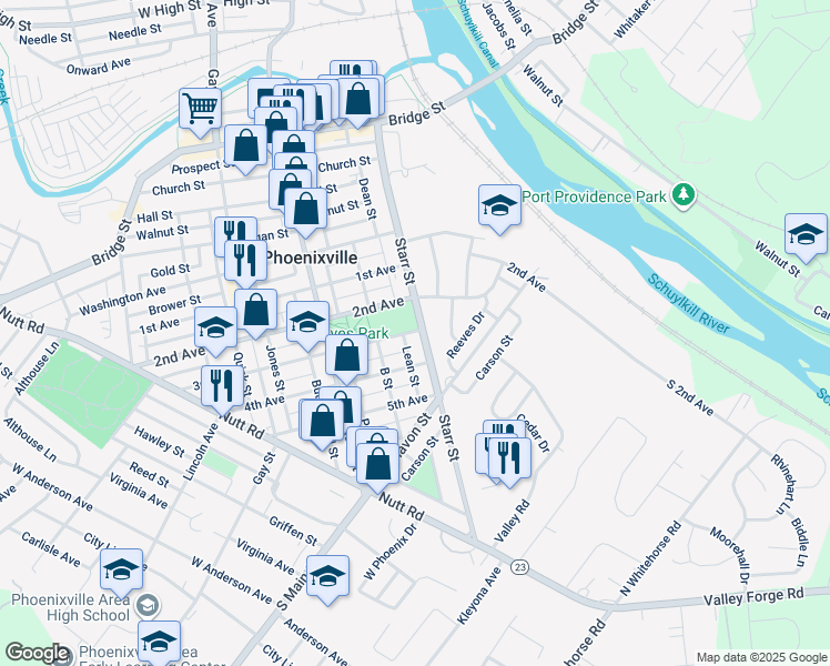 map of restaurants, bars, coffee shops, grocery stores, and more near 500 Starr Street in Phoenixville