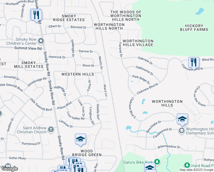 map of restaurants, bars, coffee shops, grocery stores, and more near 8334 Waco Lane in Powell