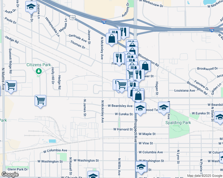 map of restaurants, bars, coffee shops, grocery stores, and more near 1010 Northwood Street in Champaign