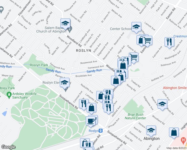 map of restaurants, bars, coffee shops, grocery stores, and more near Brookdale Avenue in Abington