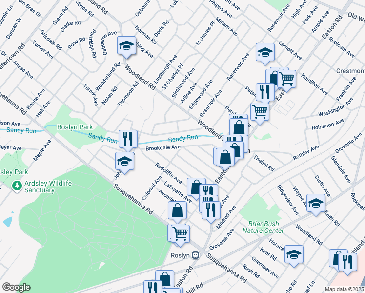 map of restaurants, bars, coffee shops, grocery stores, and more near Brookdale Avenue in Abington