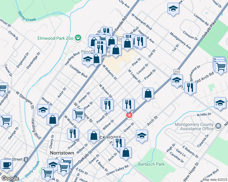 map of restaurants, bars, coffee shops, grocery stores, and more near 1621 Locust Street in Norristown