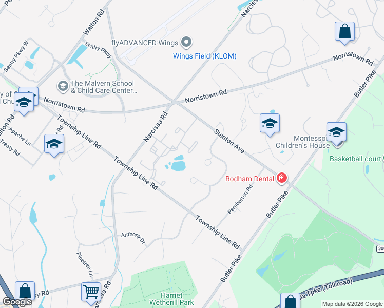 map of restaurants, bars, coffee shops, grocery stores, and more near 1665 Caslon Circle in Blue Bell