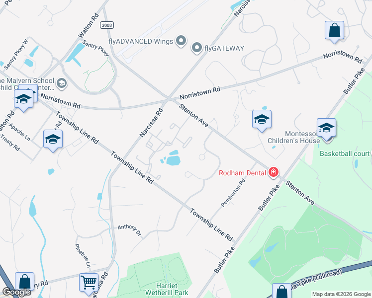 map of restaurants, bars, coffee shops, grocery stores, and more near 1665 Caslon Circle in Blue Bell