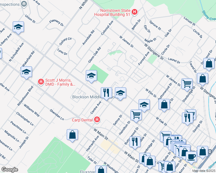 map of restaurants, bars, coffee shops, grocery stores, and more near 205 Centre Avenue in Eagleville