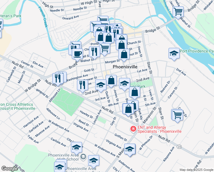 map of restaurants, bars, coffee shops, grocery stores, and more near 324 Gay Street in Phoenixville