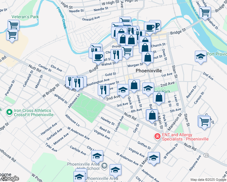 map of restaurants, bars, coffee shops, grocery stores, and more near 376 1st Avenue in Phoenixville