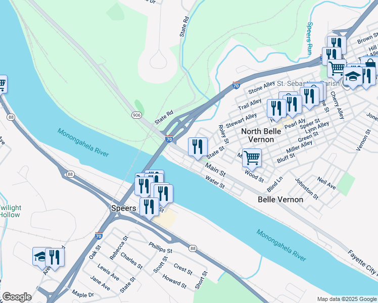 map of restaurants, bars, coffee shops, grocery stores, and more near 119 Main Street in Belle Vernon