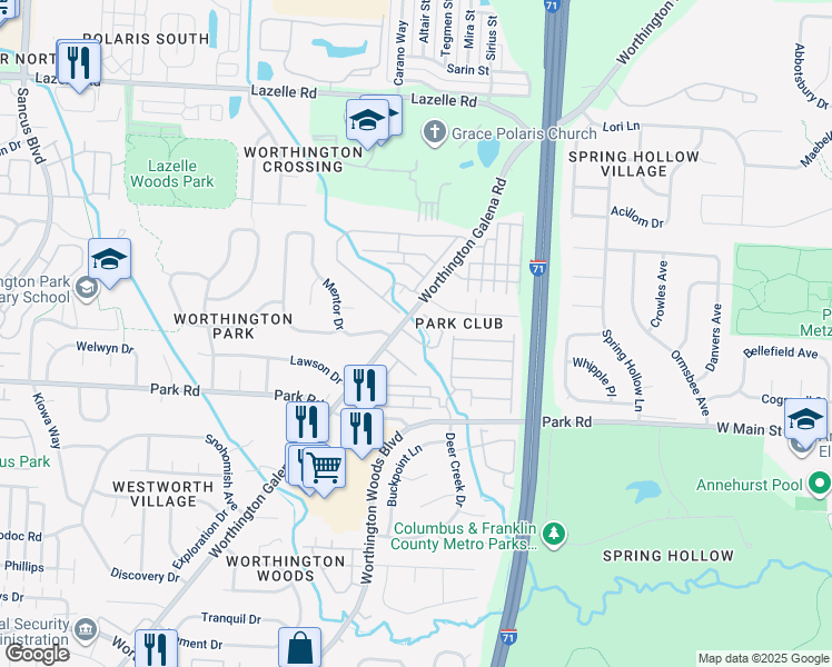 map of restaurants, bars, coffee shops, grocery stores, and more near 1511 Cross Club Drive in Westerville
