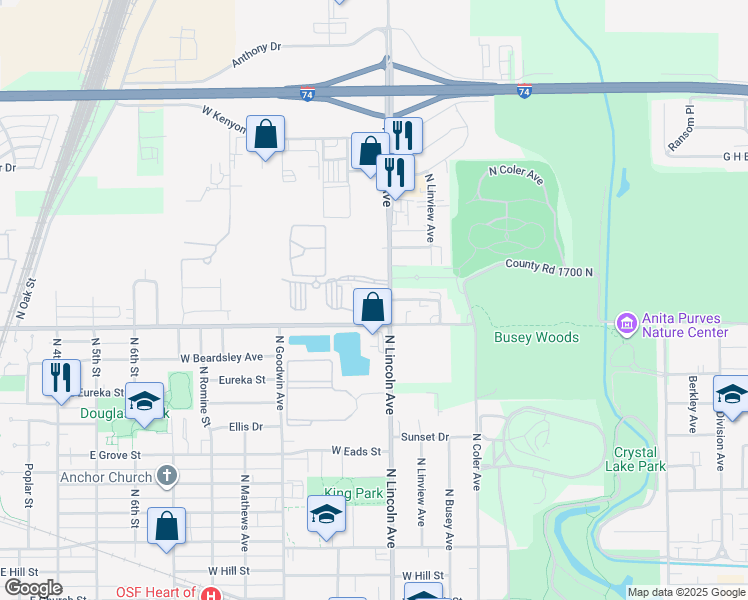 map of restaurants, bars, coffee shops, grocery stores, and more near in Urbana