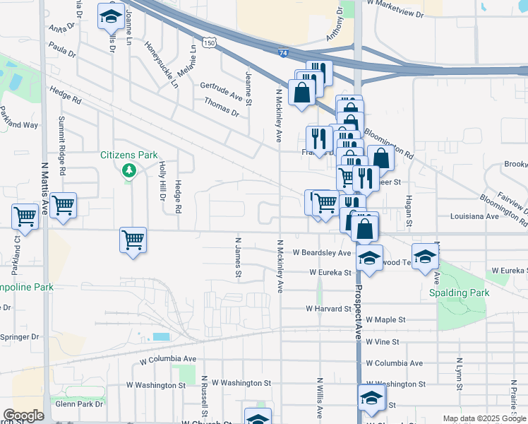 map of restaurants, bars, coffee shops, grocery stores, and more near 1301 North Mckinley Avenue in Champaign