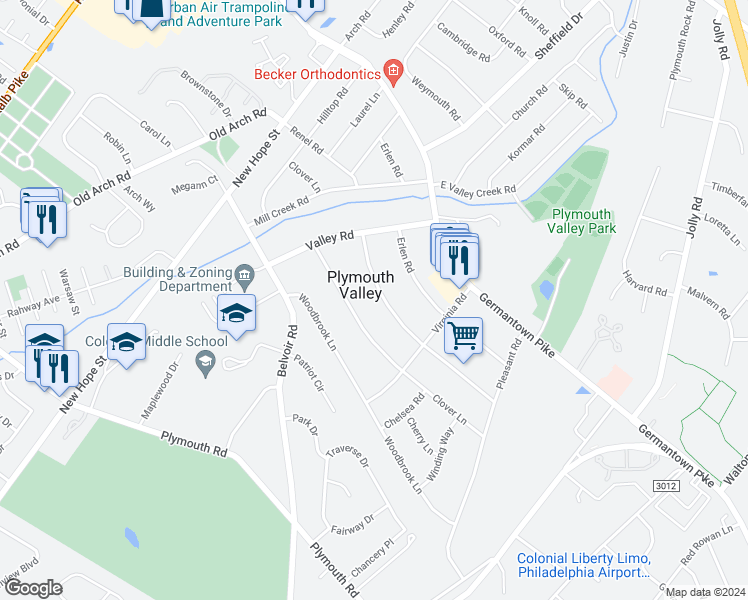 map of restaurants, bars, coffee shops, grocery stores, and more near 718 Renel Road in Plymouth Meeting