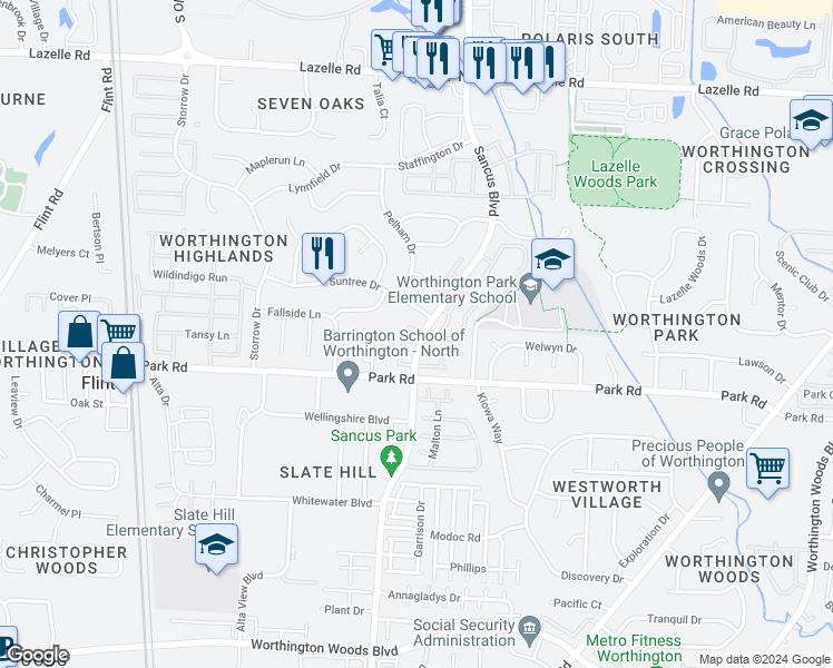 map of restaurants, bars, coffee shops, grocery stores, and more near 7972 Cedar View Boulevard in Westerville