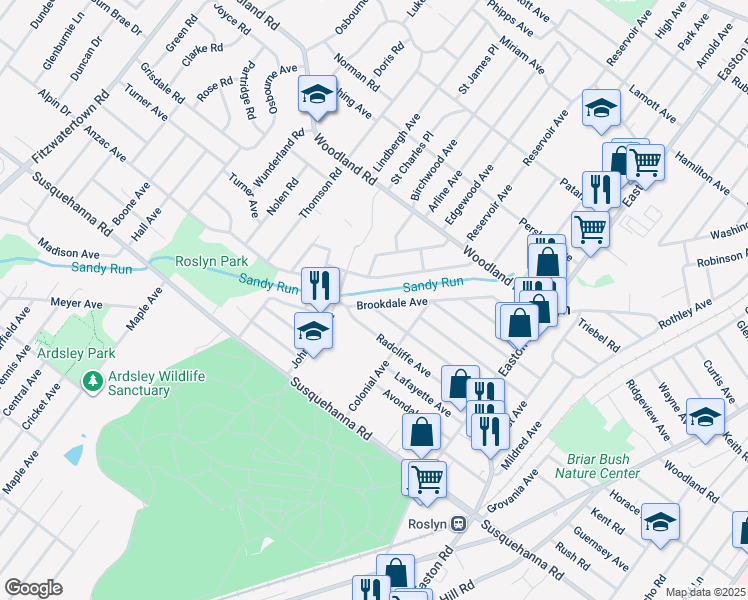 map of restaurants, bars, coffee shops, grocery stores, and more near 2551 Brookdale Avenue in Abington