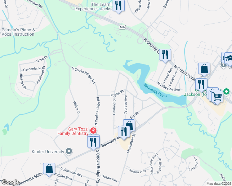 map of restaurants, bars, coffee shops, grocery stores, and more near 25 Oakland Drive in Jackson Township