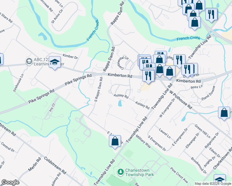 map of restaurants, bars, coffee shops, grocery stores, and more near 124 Ashley Road in Phoenixville