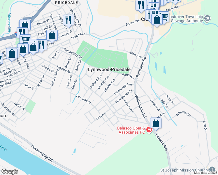 map of restaurants, bars, coffee shops, grocery stores, and more near 116 Liberty Avenue in Belle Vernon