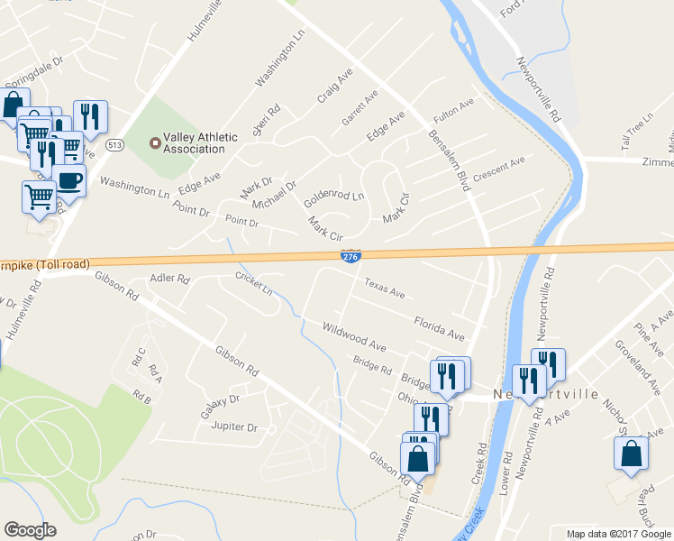 map of restaurants, bars, coffee shops, grocery stores, and more near 1380 Texas Avenue in Bensalem