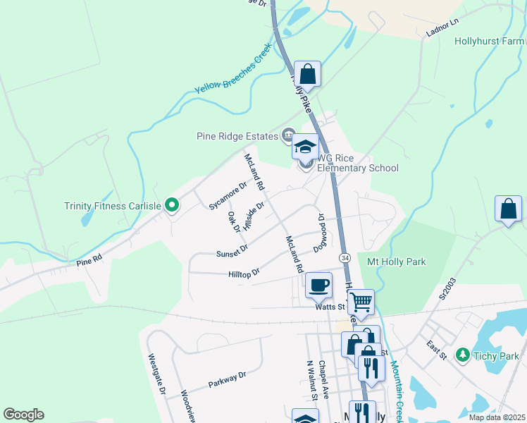 map of restaurants, bars, coffee shops, grocery stores, and more near 103 Hillside Drive in Mount Holly Springs