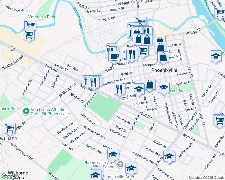 map of restaurants, bars, coffee shops, grocery stores, and more near 230 Buchanan Street in Phoenixville