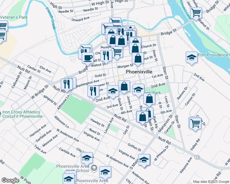 map of restaurants, bars, coffee shops, grocery stores, and more near 326 Grover Street in Phoenixville