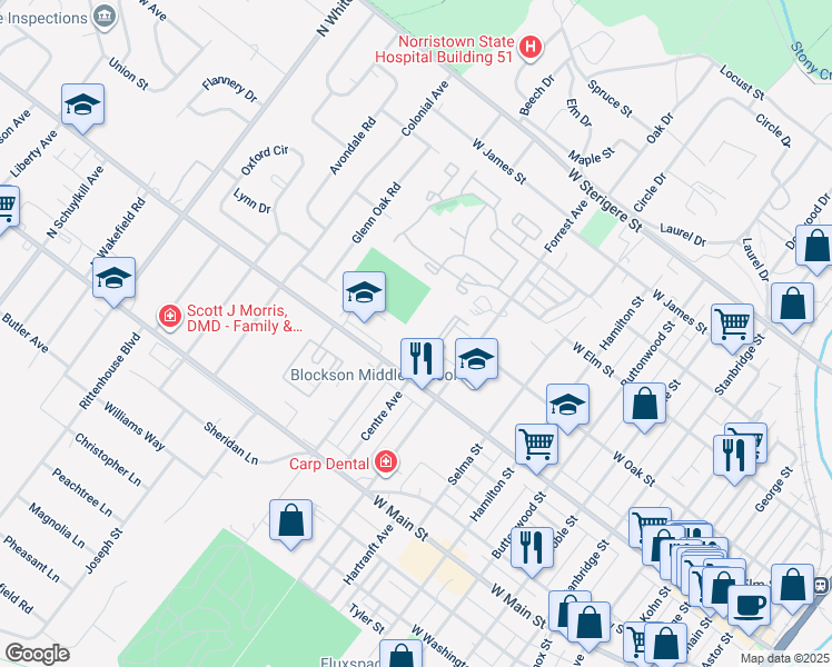 map of restaurants, bars, coffee shops, grocery stores, and more near 216 Centre Avenue in Eagleville