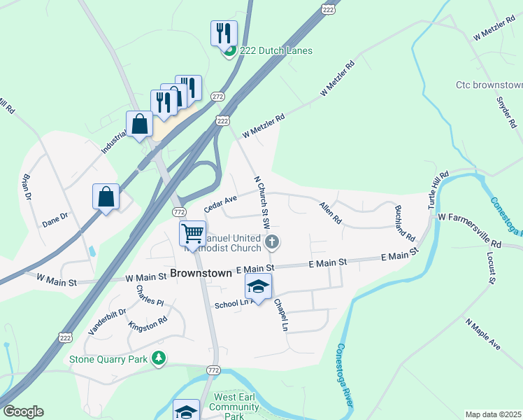 map of restaurants, bars, coffee shops, grocery stores, and more near 40 North Church Street Southwest in Ephrata