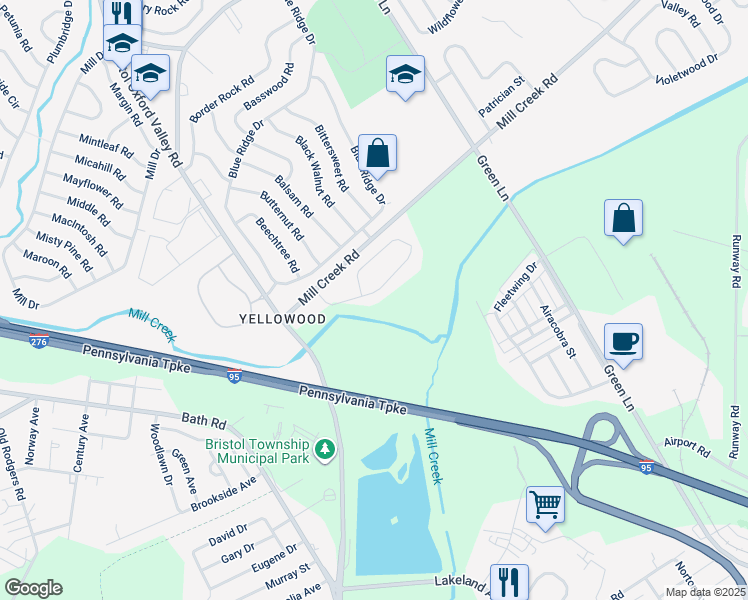 map of restaurants, bars, coffee shops, grocery stores, and more near 34 Yellowood Drive in Levittown