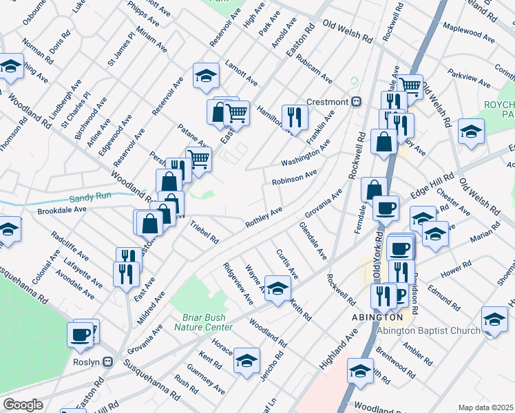 map of restaurants, bars, coffee shops, grocery stores, and more near 1412 Rothley Avenue in Willow Grove