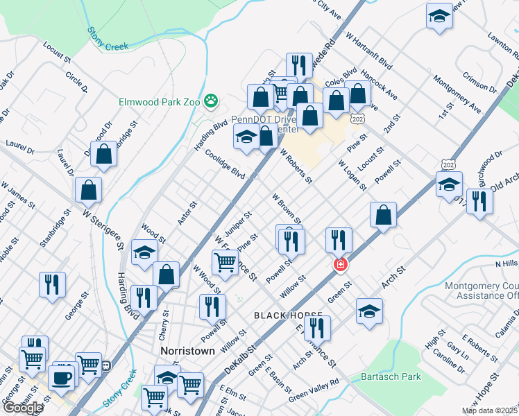 map of restaurants, bars, coffee shops, grocery stores, and more near 1518 Juniper Street in Norristown