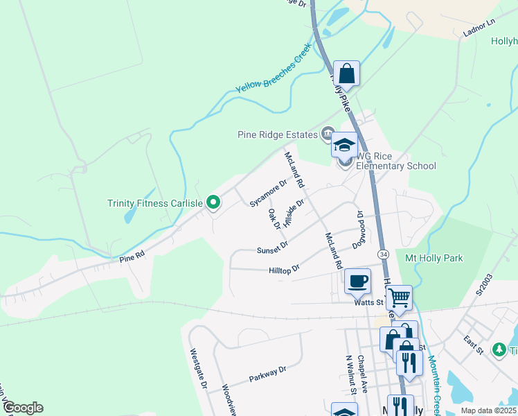 map of restaurants, bars, coffee shops, grocery stores, and more near 115 Sycamore Drive in Mount Holly Springs