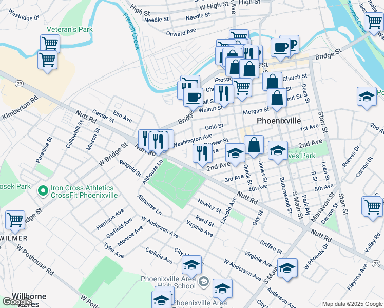 map of restaurants, bars, coffee shops, grocery stores, and more near 230 Buchanan Street in Phoenixville