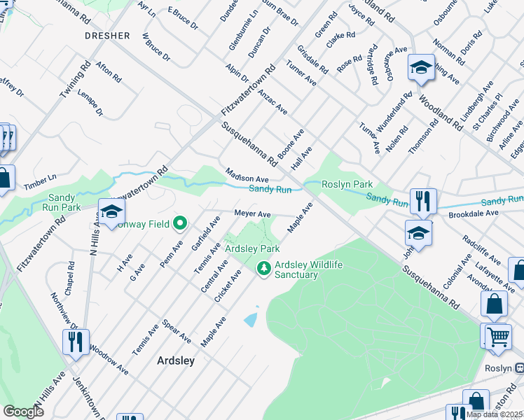 map of restaurants, bars, coffee shops, grocery stores, and more near 2907 Meyer Avenue in Glenside
