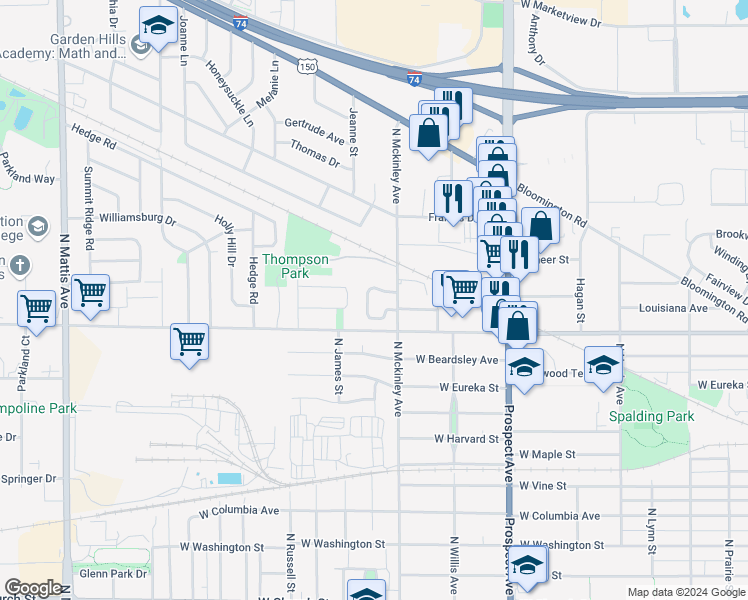 map of restaurants, bars, coffee shops, grocery stores, and more near 1301 North Mckinley Avenue in Champaign