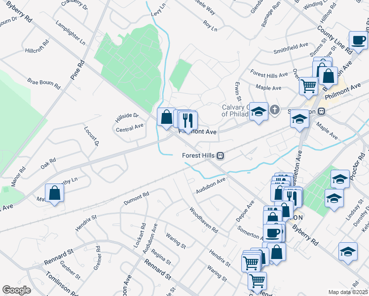 map of restaurants, bars, coffee shops, grocery stores, and more near 110 Byberry Road in Philadelphia