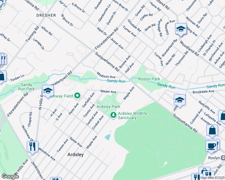 map of restaurants, bars, coffee shops, grocery stores, and more near 2907 Meyer Avenue in Glenside
