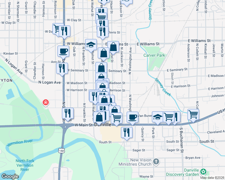 map of restaurants, bars, coffee shops, grocery stores, and more near 201 North Hazel Street in Danville