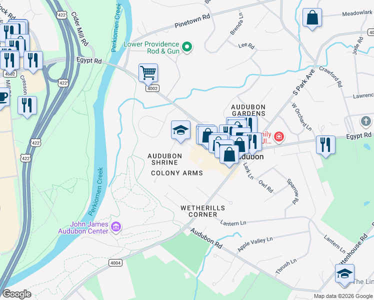map of restaurants, bars, coffee shops, grocery stores, and more near 2828 Egypt Road in Audubon