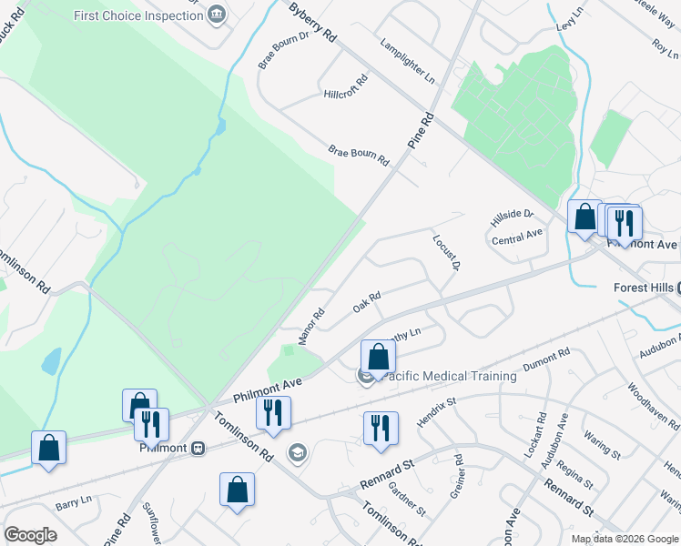 map of restaurants, bars, coffee shops, grocery stores, and more near 3206 Manor Road in Montgomery County