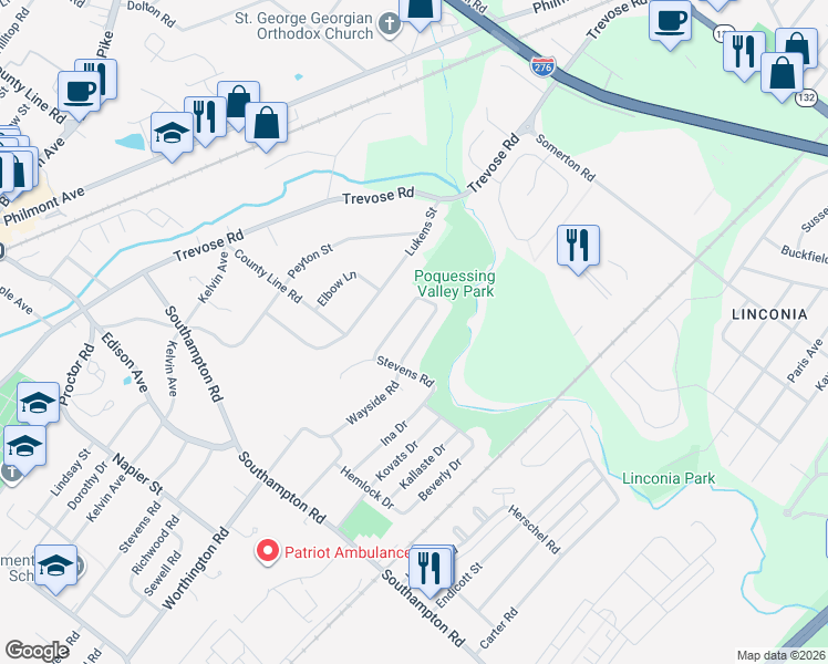 map of restaurants, bars, coffee shops, grocery stores, and more near 15212 Wayside Road in Philadelphia