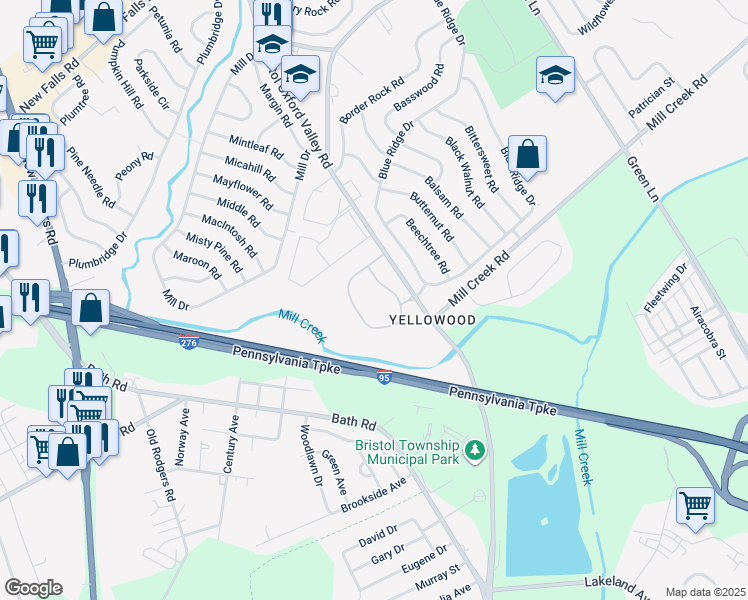 map of restaurants, bars, coffee shops, grocery stores, and more near 101 Pamela Court in Levittown