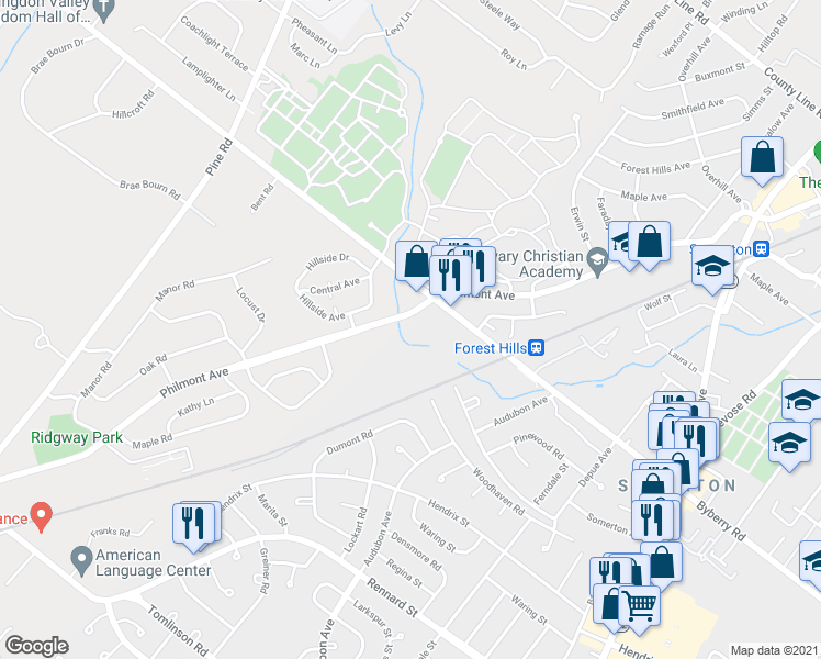 map of restaurants, bars, coffee shops, grocery stores, and more near 801 Densmore Road in Philadelphia